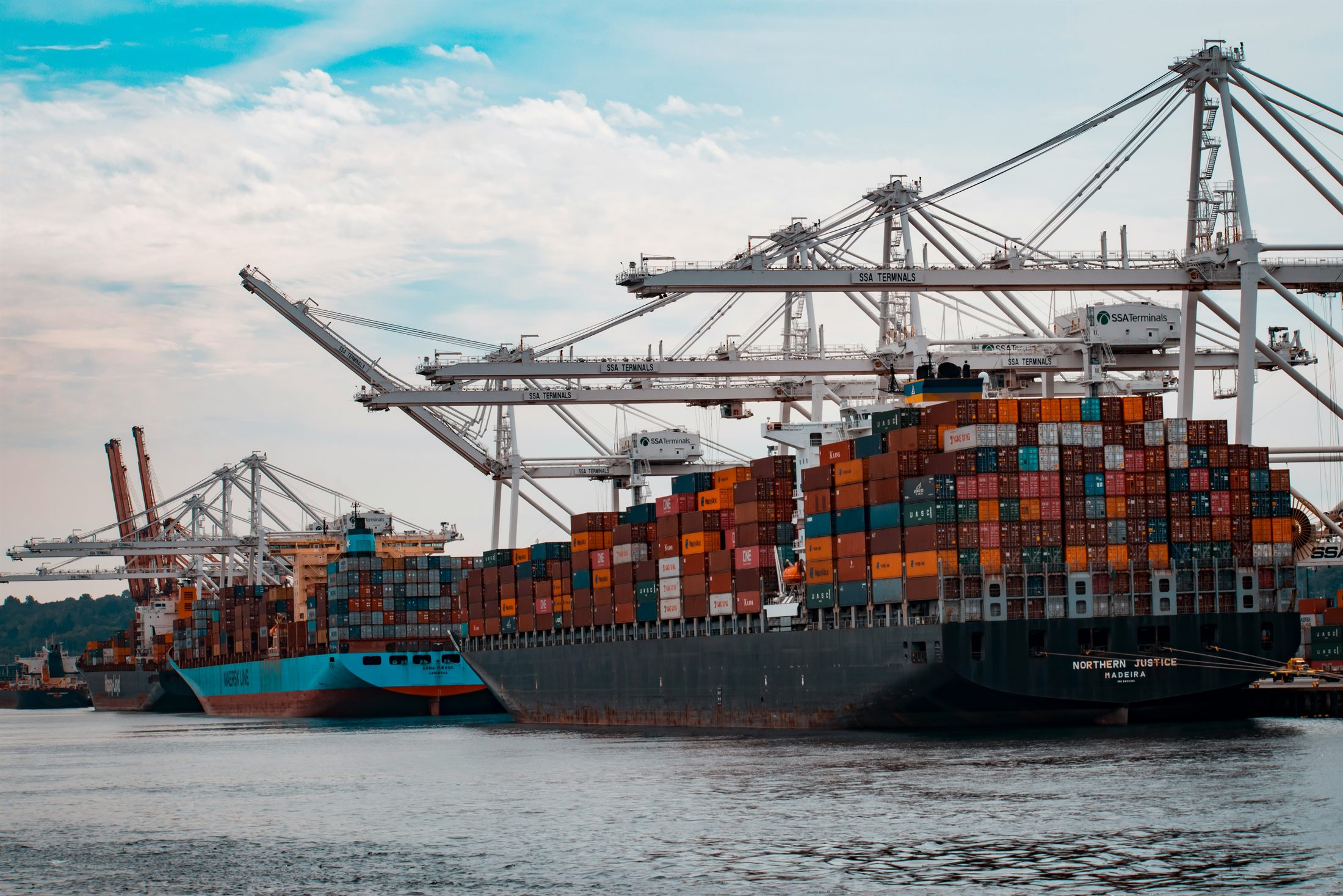 Container ship and cargo cranes at a port